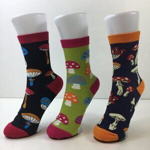 Unisex Colorful Funky Mushroom Print Crew Socks 3-Pack Black Green Pink Orange